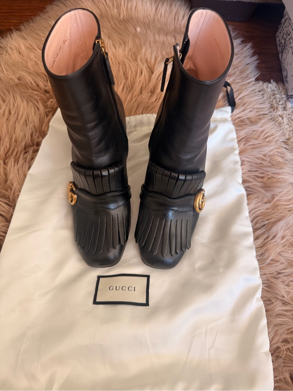 Gucci Black Leather Kiltie Fringe Ankle Boots with Gold Hardware